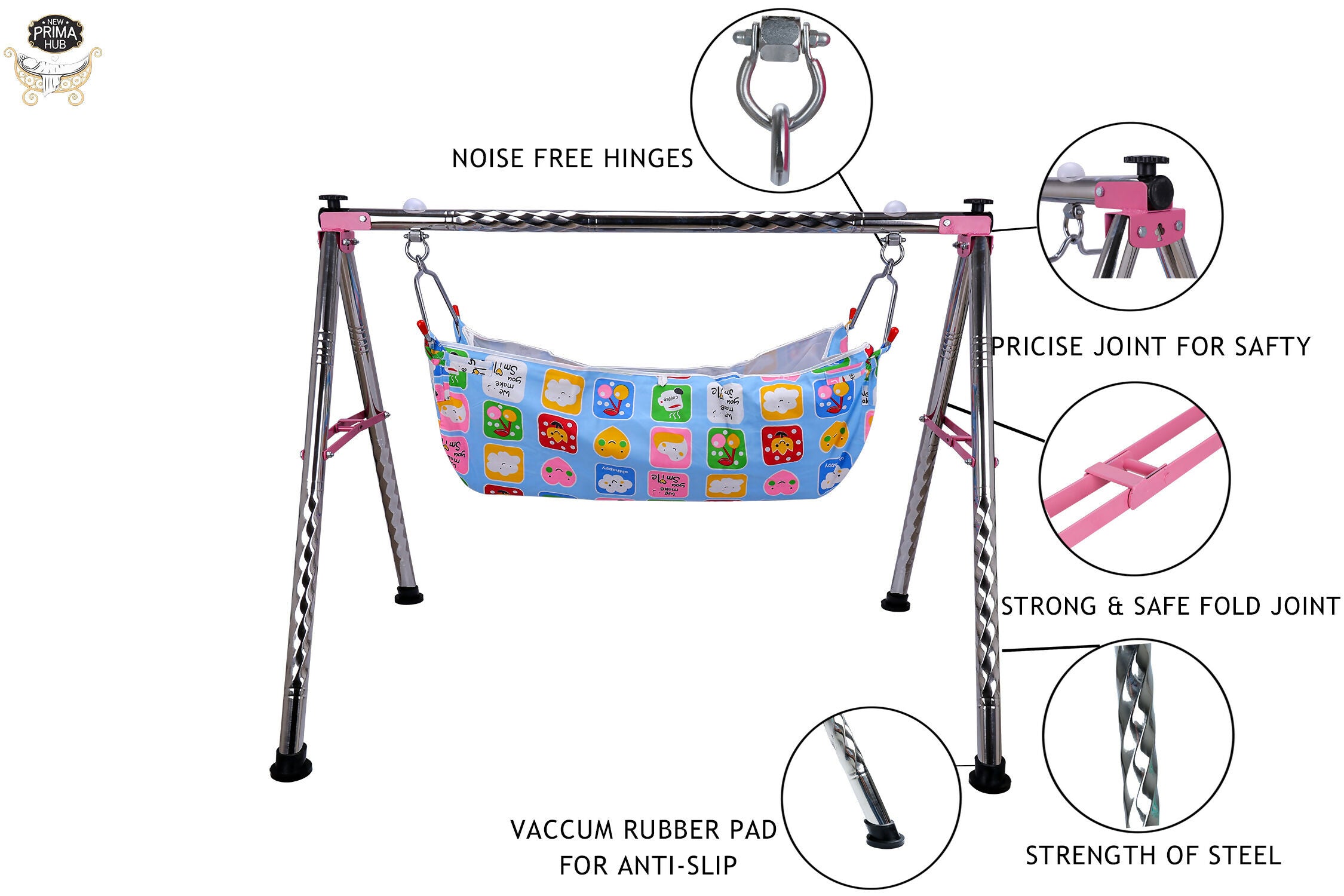 NEW PRIMA HUB Cradle, Swing, Ghodiyu, Palna, Jhula for New Born Baby Boy and Girl Easy to Assemble, Portable, Lightweight, Stainless Steel, Noise Free Hanging, Strong and Safe Folding (Round Pink)