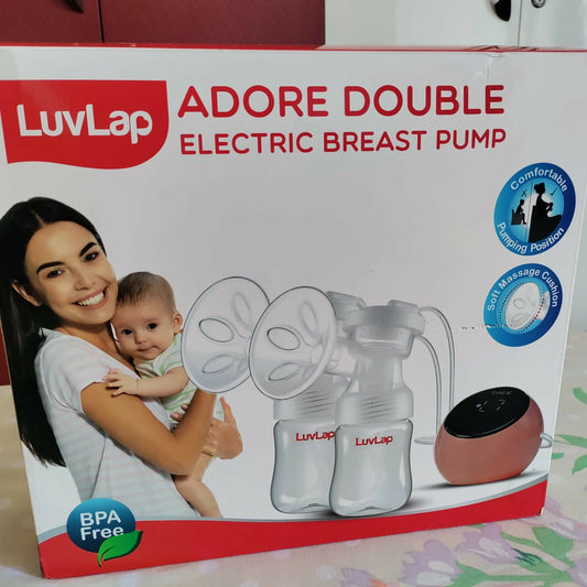 LuvLap Adore Double Electric Breast Pump – dual-mode, silicone cushion, BPA-free, rechargeable battery, adjustable suction for efficient and comfortable breastfeeding.