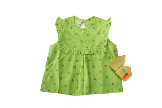 Explore the beautiful frill butti green top for girls, featuring soft, breathable fabric and delicate prints for a stylish and comfortable look.