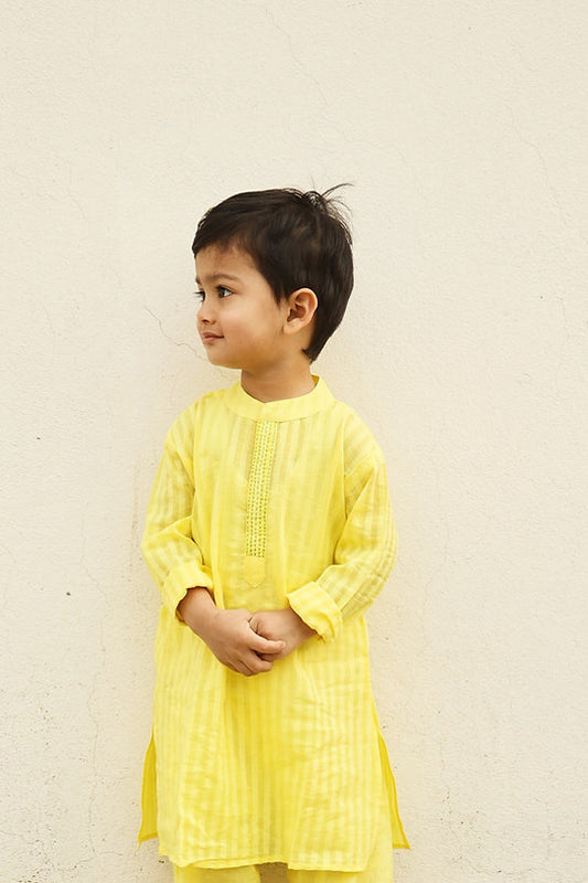 Striped yellow cotton kurta pajama for kids