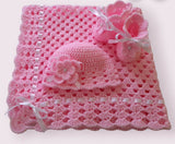 Crochet baby blanket, booties and cap