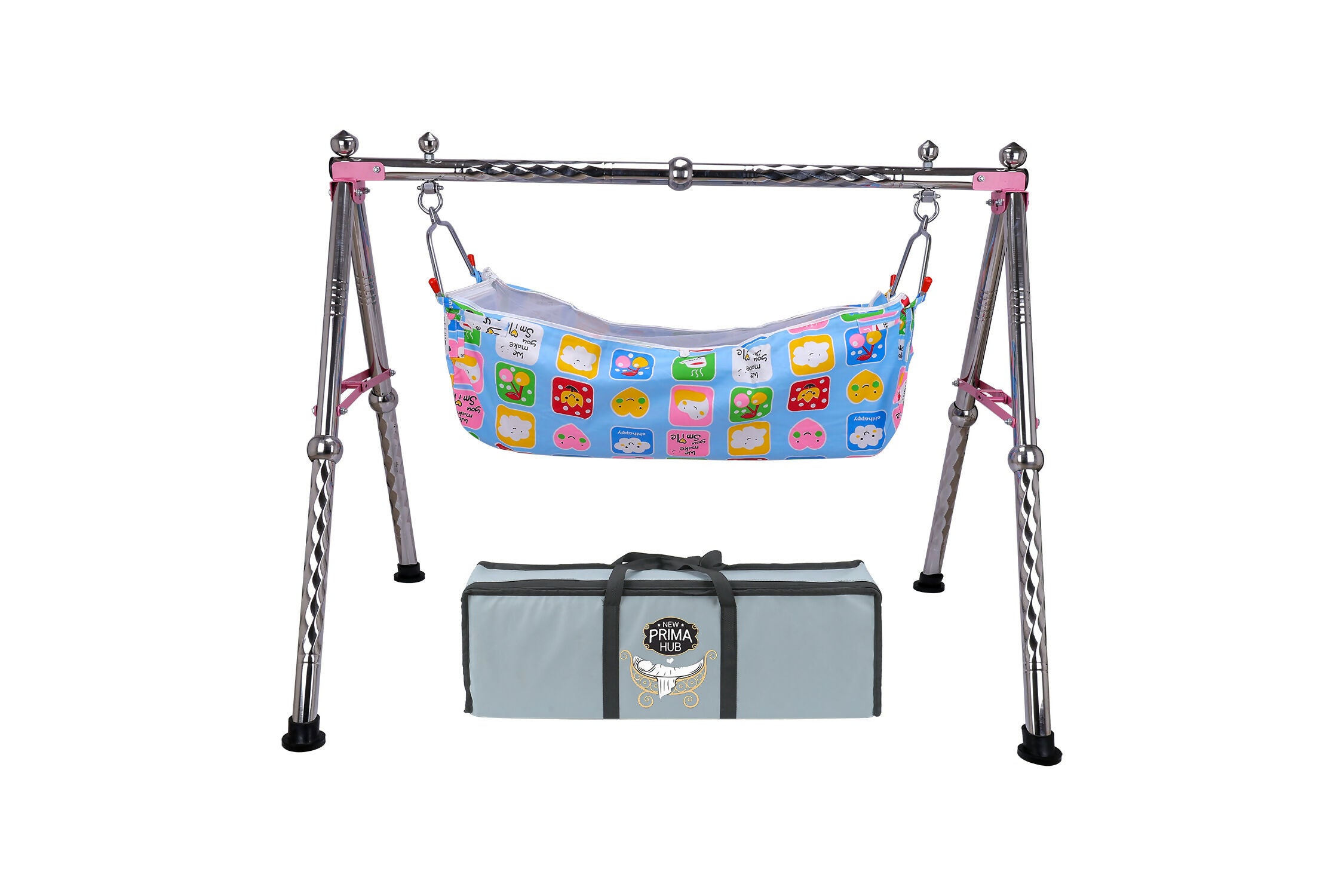 NEW PRIMA HUB New Born Baby Swing Cradle Jhula for Babies Boy and Girl/Foldable & Portable Palna for Baby/Indian Style Hammock with Mosquito Net/Stainless Steel Body (Gola Regular Pink)