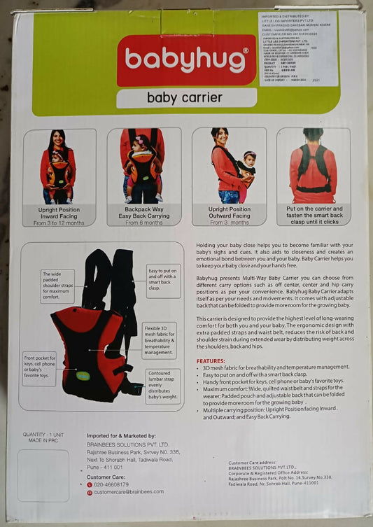 Keep your baby close and comfortable with the BABYHUG Baby Carrier, featuring breathable fabric, ergonomic design, and adjustable carrying positions!