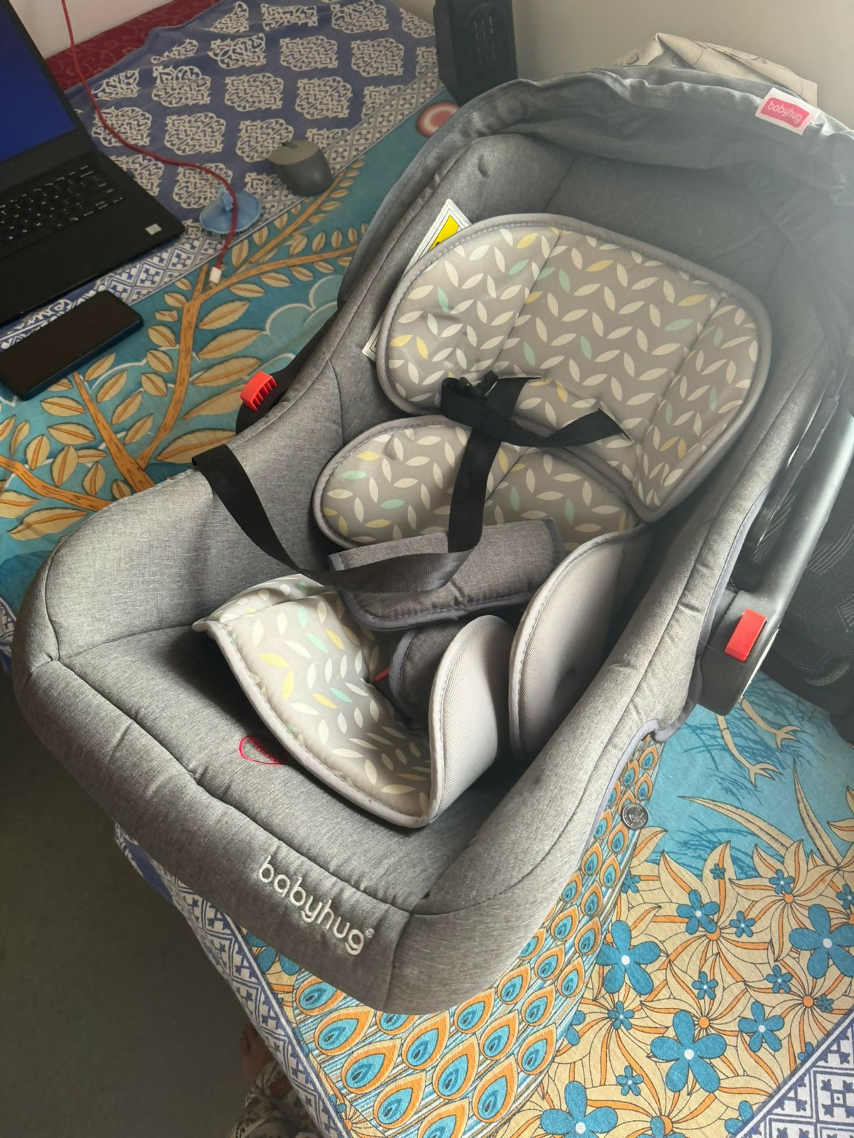 BABYHUG Amber Car Seat Cum Carry Cot with Rocking Base - Safe, Versatile, and Portable in Grey.