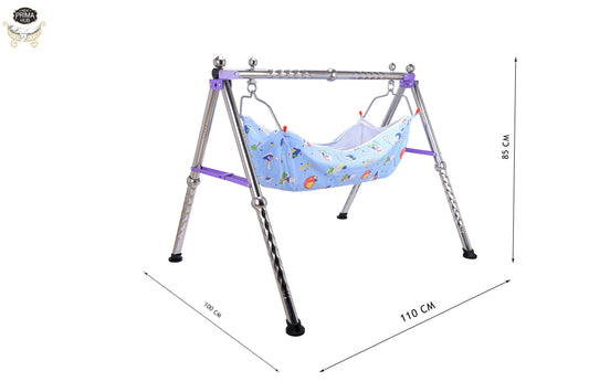 NEW PRIMA HUB New Born Baby Swing Cradle Jhula for Babies Boy and Girl/Foldable & Portable Palna for Baby/Indian Style Hammock with Mosquito Net/Stainless Steel Body (Gola Regular Purple)