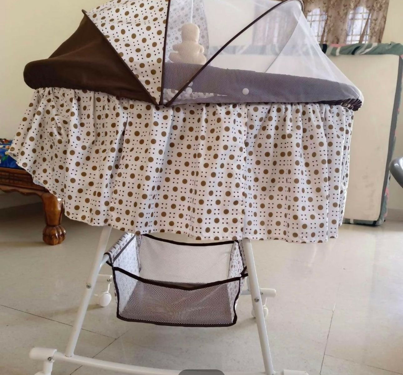 COOL BABY Premium Rocking Baby Cradle With Mosquito Net And Storage Basket