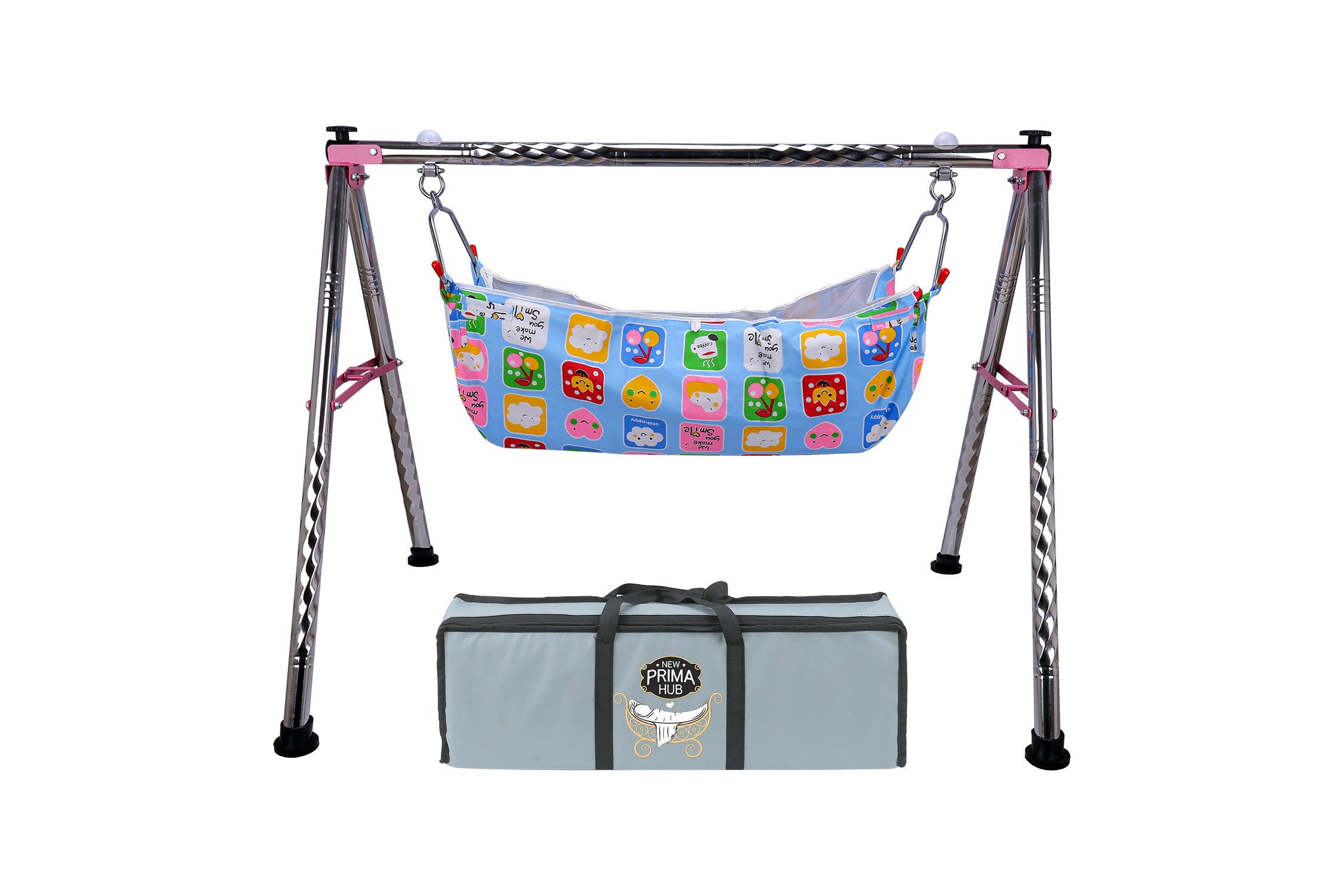 NEW PRIMA HUB Cradle, Swing, Ghodiyu, Palna, Jhula for New Born Baby Boy and Girl Easy to Assemble, Portable, Lightweight, Stainless Steel, Noise Free Hanging, Strong and Safe Folding (Round Pink)