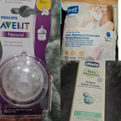 PHILIPS Avent Newborn Flow Teats - Natural New Born, 1N Pack + MEE MEE Breast pads (pack of 24) + CHICCO Diaper rash cream (Combo of 3)