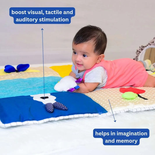 Shop now for the B4BRAIN Sensory PlayMat + Tummy Time Mirror, offering vibrant textures, a shatterproof mirror, and a safe, cozy play area to boost your baby's sensory development and strength!