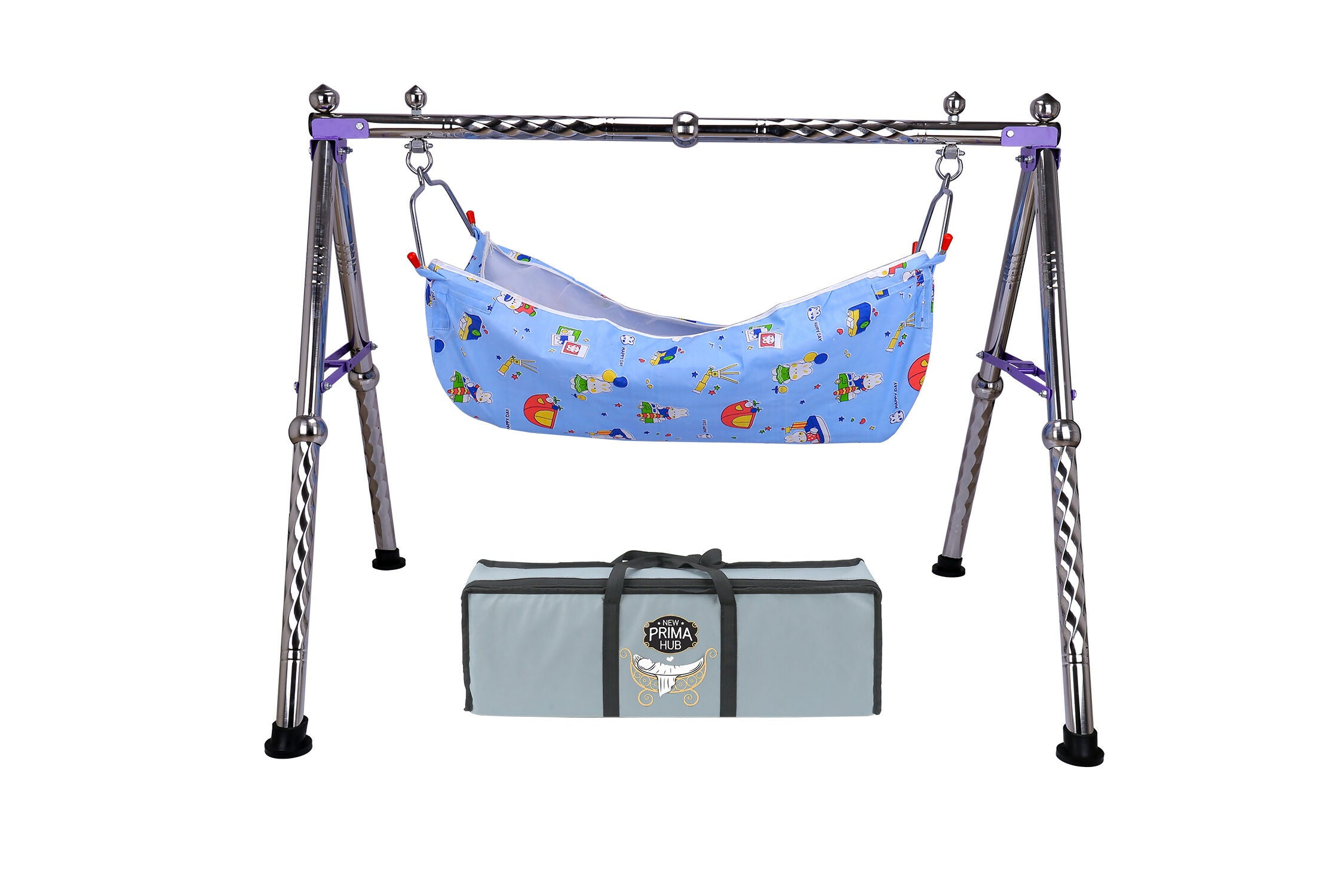 NEW PRIMA HUB New Born Baby Swing Cradle Jhula for Babies Boy and Girl/Foldable & Portable Palna for Baby/Indian Style Hammock with Mosquito Net/Stainless Steel Body (Gola Regular Purple)