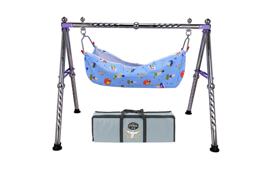 NEW PRIMA HUB New Born Baby Swing Cradle Jhula for Babies Boy and Girl/Foldable & Portable Palna for Baby/Indian Style Hammock with Mosquito Net/Stainless Steel Body (Gola Regular Purple)