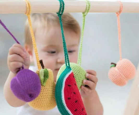 Handcrafted Crochet Play Gym Set / Cradle Hanging Set: 100% cotton yarn, safe and vibrant toys for baby’s playtime and naptime.