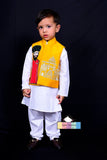 Brighten up your child's wardrobe with the Puppeteer Nehru Jacket Set – a vibrant mustard-colored ensemble perfect for ethnic and party wear, designed to add elegance and charm to festive celebrations and special occasions.