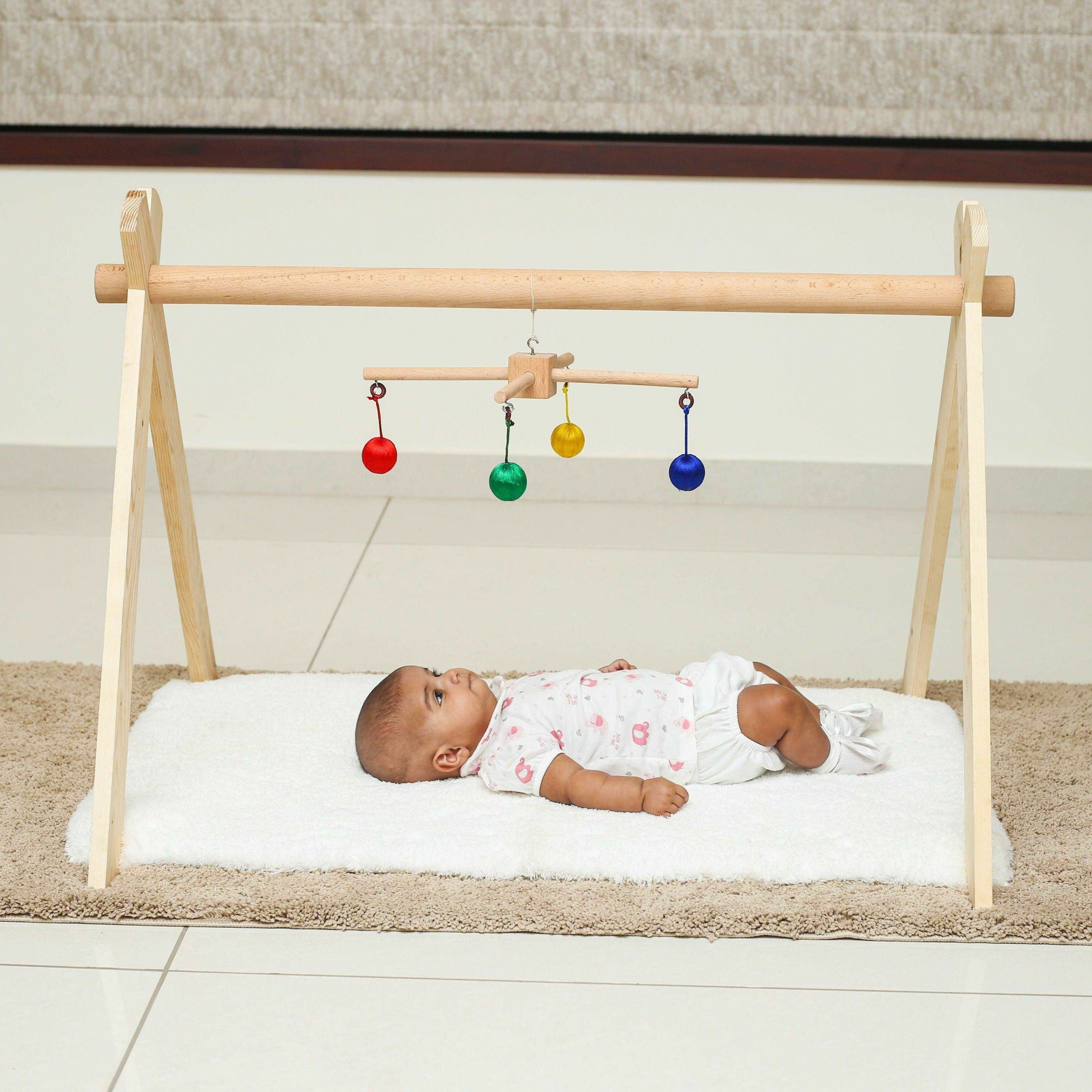 Shop now for the B4BRAIN Activity Gym +3 Mobiles with Hanger for Newborn Baby, offering engaging sensory play and developmental growth in a comfortable, easy-to-clean design!