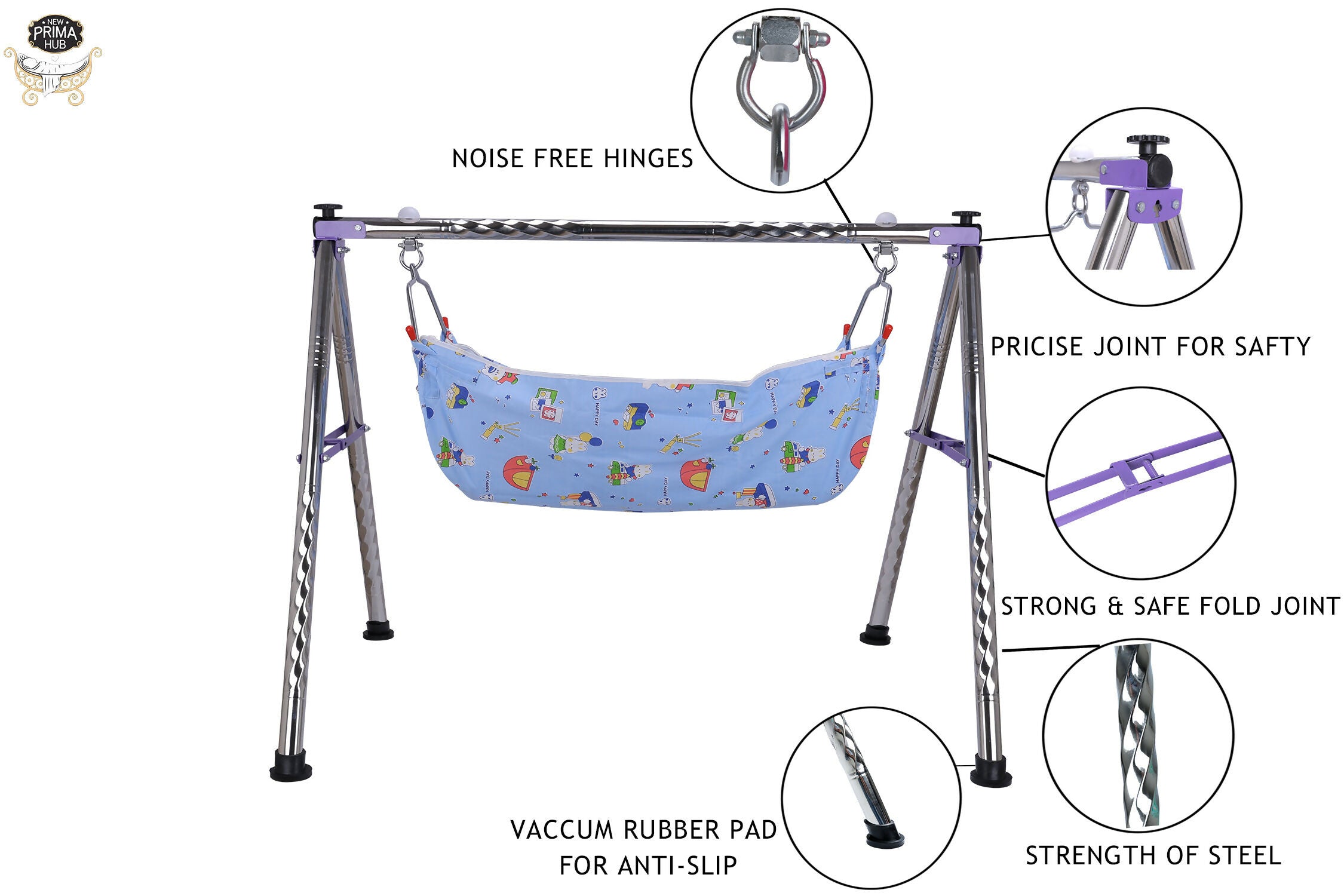 NEW PRIMA HUB Cradle, Swing, Ghodiyu, Palna, Jhula for New Born Baby Boy and Girl Easy to Assemble, Portable, Lightweight, Stainless Steel, Noise Free Hanging, Strong and Safe Folding (Round Purple)