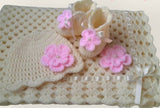 Crochet baby blanket, booties and cap