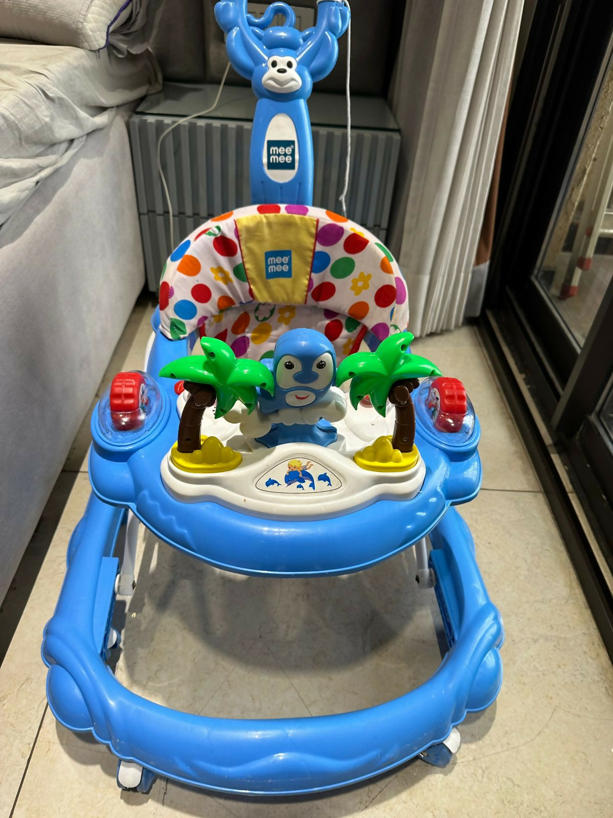 Support and entertain your baby with the MEE MEE 360° Baby Activity Walker – featuring adjustable height, a musical toy bar, parental push handle, and anti-rollover design for safe and fun walking practice.
