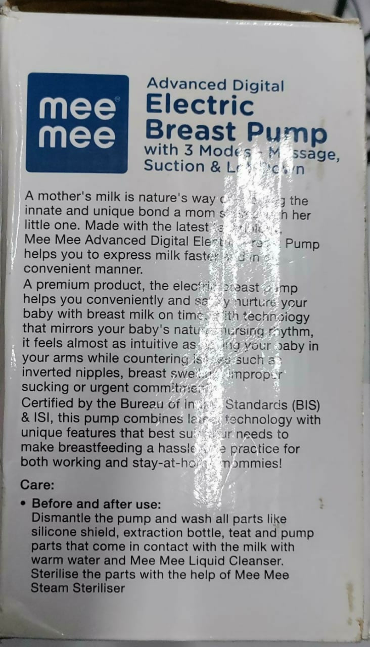 Experience the ultimate in breastfeeding convenience with the MEE MEE Advanced Electric Breast Pump - MM-80220B, combining advanced technology with user-friendly design for efficient and comfortable expression of breast milk.