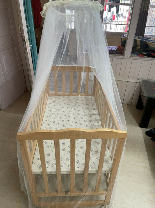 BABYHUG MONTANA Wooden Cot Cum Rocker With Mosquito Net - Natural| Wheels with Lock| Storage Space| Adjustable Height| Openable Side Rail| Foldable Headboard| Attach to Parent Bed| Convert to Study Table