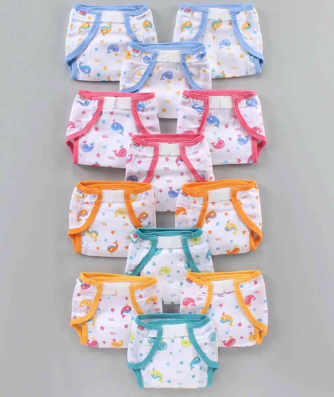 BABYHUG Muslin Cotton Reusable Velcro Printed Cloth Nappies Small Set of 12 - Multicolor