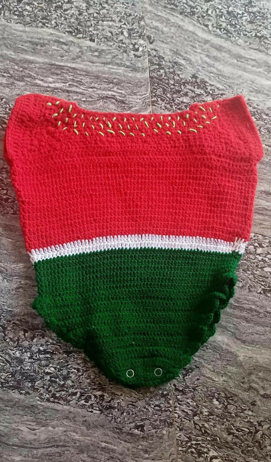 Handmade crochet Watermelon Cap and Socks Set for babies, featuring a playful watermelon design and soft, cozy materials.