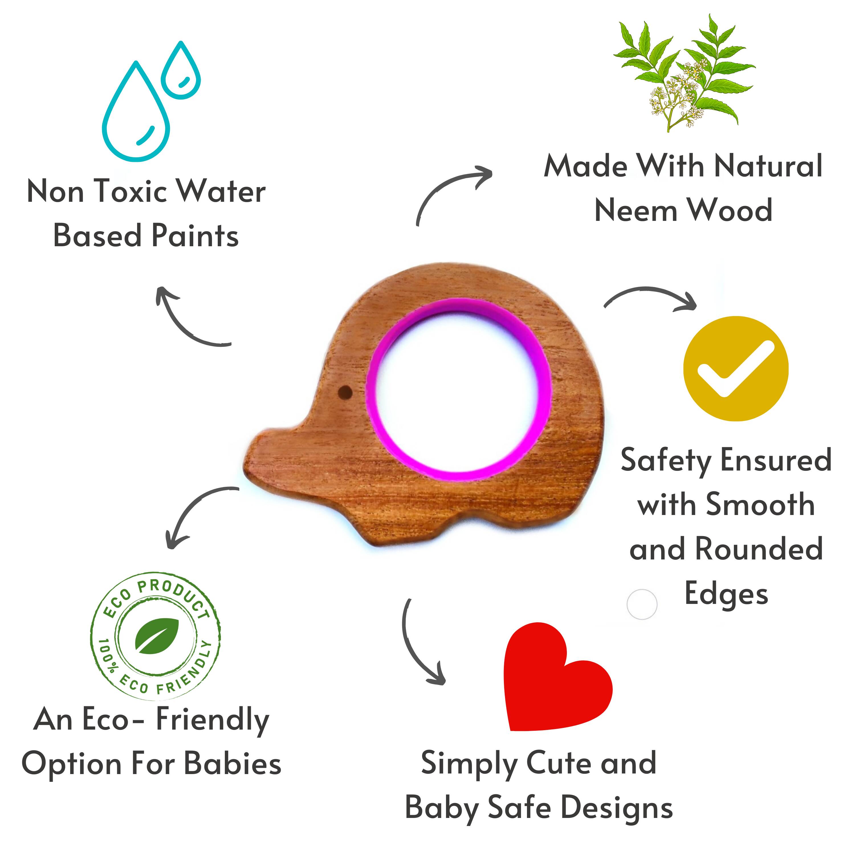 Soothe teething pains with Babycov's Cute Hippo and Elephant Neem Wood Teethers - natural comfort for safe and playful chewing!