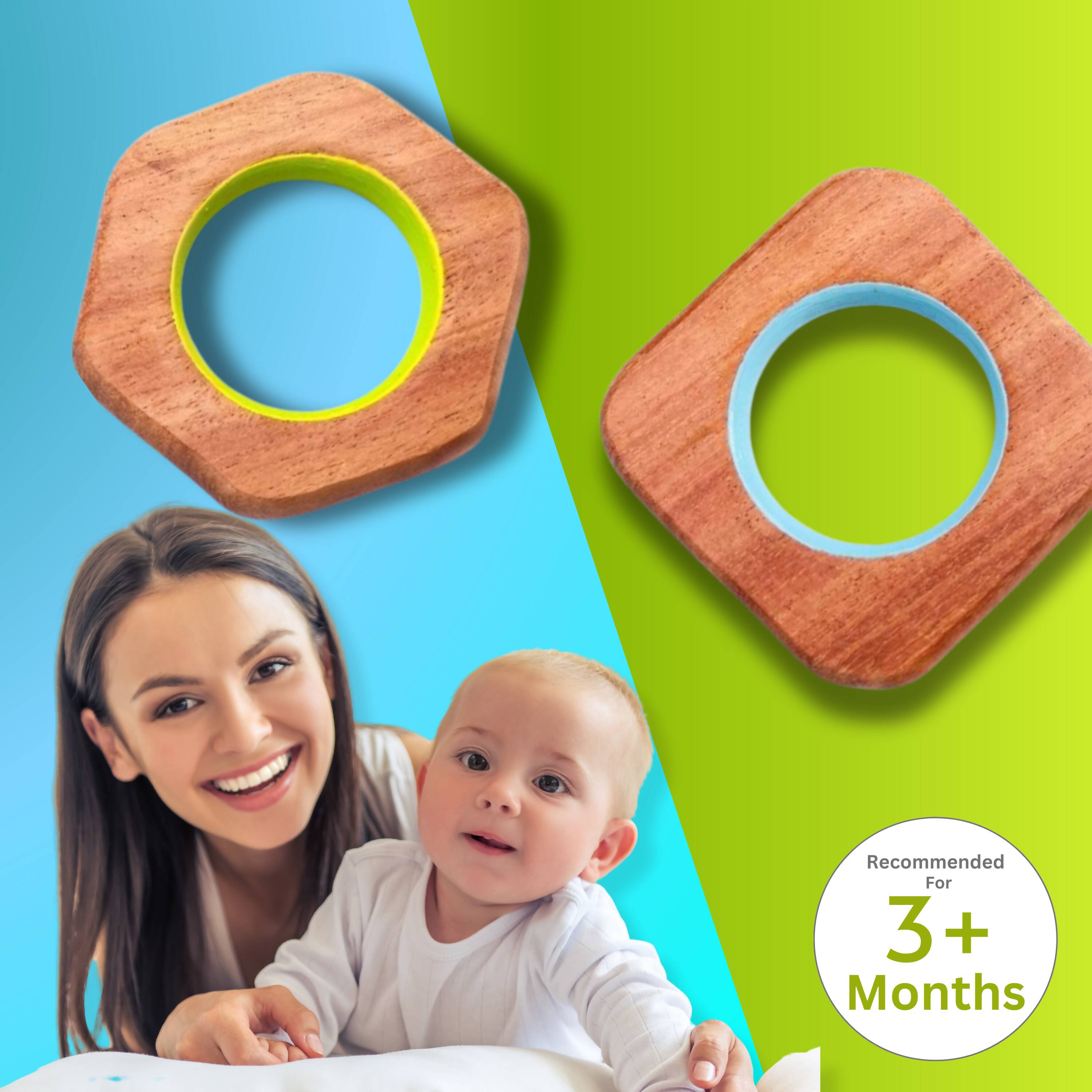 Explore shapes and soothe gums with Babycov's Cute Hexagon and Square Neem Wood Teethers - natural comfort for safe and playful chewing!