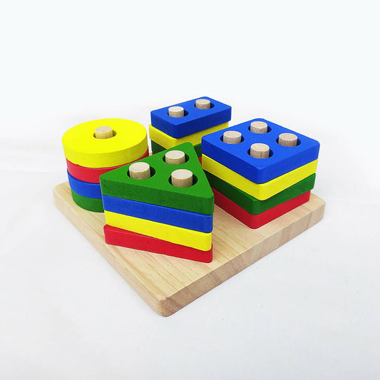 Wooden Shape Sorting & Stacking Toy, Geometric Blocks Shape Sorter - PyaraBaby