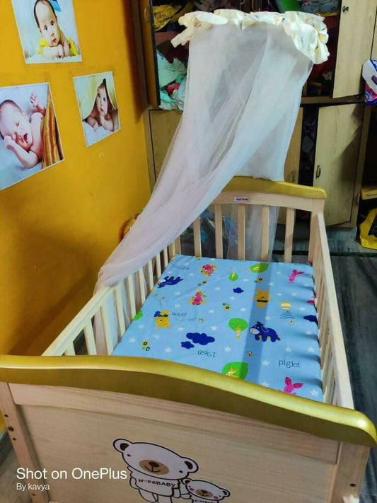 JUSTBORN Rocking Crib with One Side Openable Attached to Bed with Wheels and Mosquito Net , Dimensions:- L -41 inch , W- 24 inch , H- 30 inch - PyaraBaby