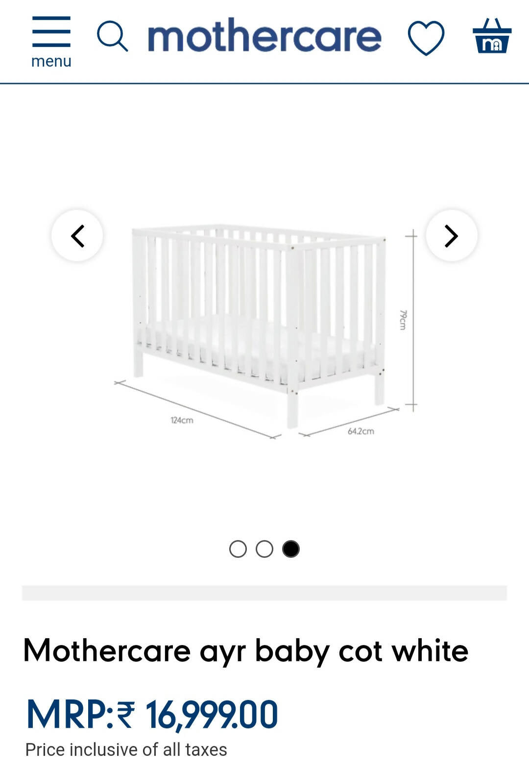 MOTHERCARE Ayr Baby Cot/Crib, Dimension - 1.22m x 79cm x 61cm - PyaraBaby