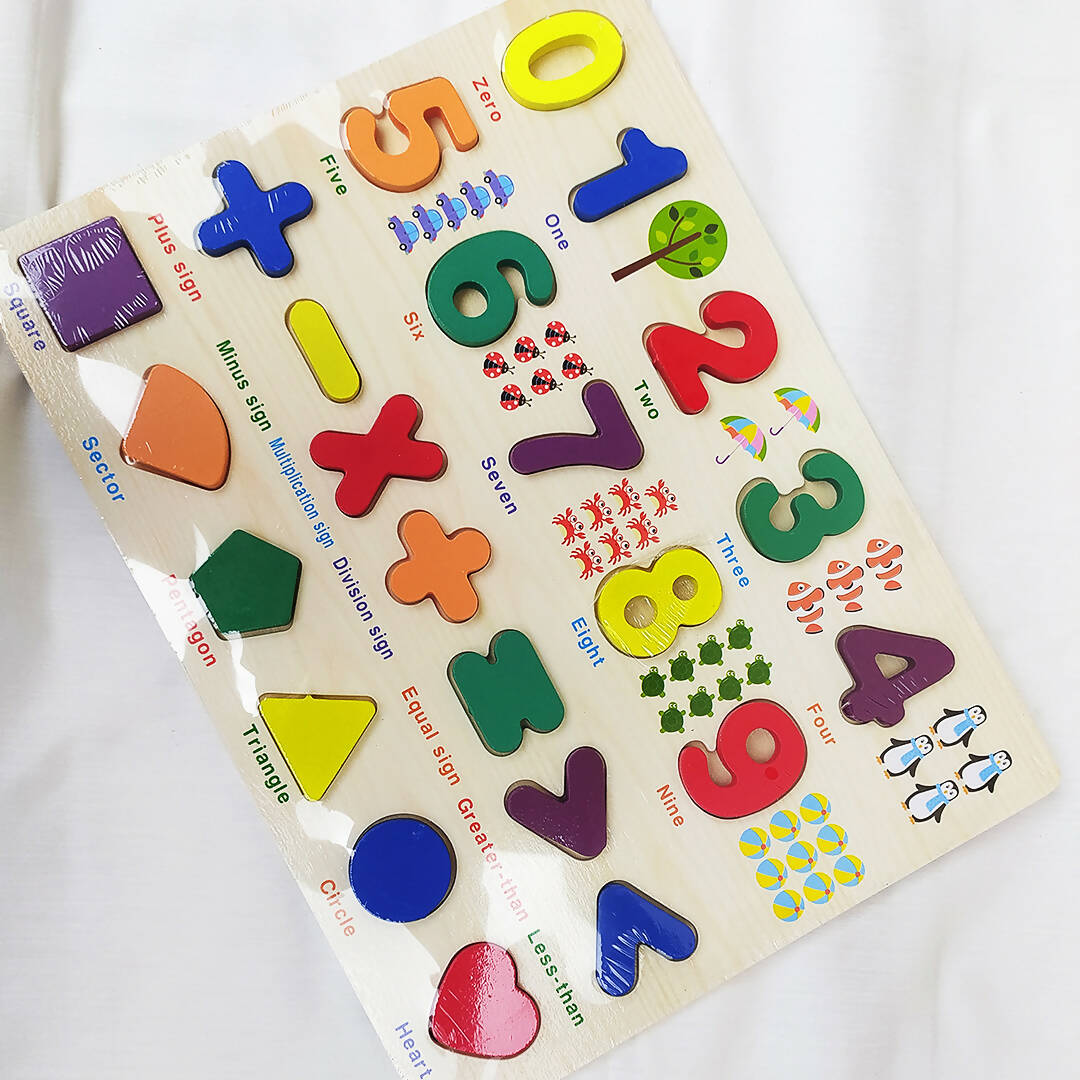 Wooden Number Math Symbols and Shapes Illustrative Puzzle,  Educational Learning Board - PyaraBaby