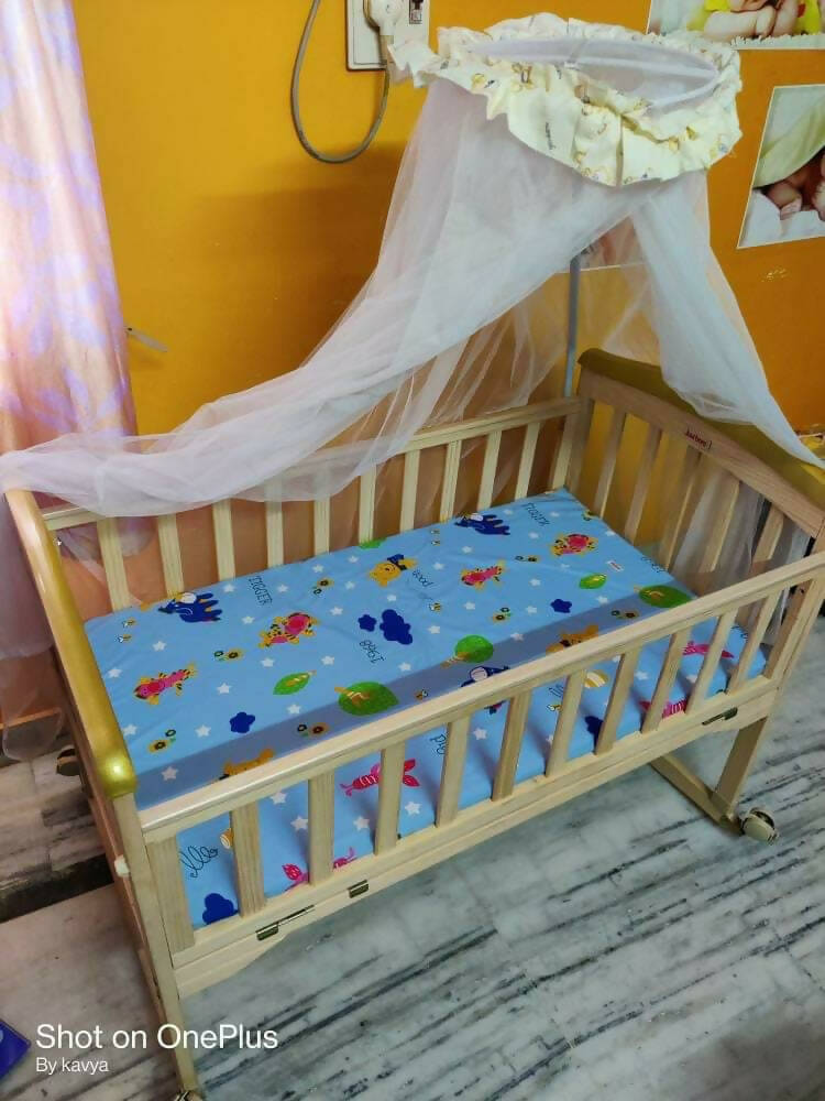 JUSTBORN Rocking Crib with One Side Openable Attached to Bed with Wheels and Mosquito Net , Dimensions:- L -41 inch , W- 24 inch , H- 30 inch - PyaraBaby