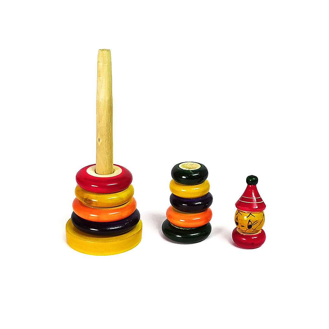 Wooden Stacking Rings With Joker Head - 10 Rings - Develop Hand-Eye Coordination & Fine Motor Skills - PyaraBaby