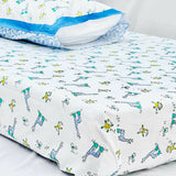 Kids White & Blue Block Printed Single Bedsheet Set With Pillow Cover - 60 inches x 90 inches - PyaraBaby