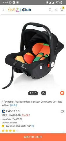 R FOR RABBIT Car Seat Cum Carry Cot - Red Yellow - PyaraBaby