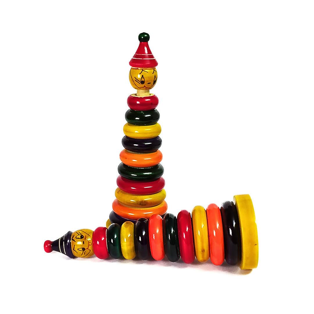 Wooden Stacking Rings With Joker Head - 10 Rings - Develop Hand-Eye Coordination & Fine Motor Skills - PyaraBaby