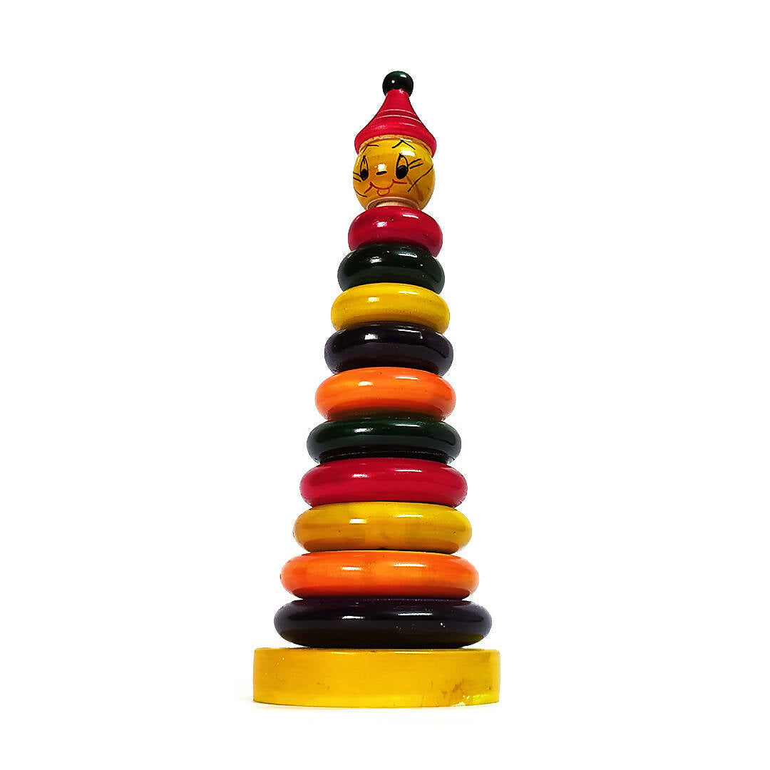 Wooden Stacking Rings With Joker Head - 10 Rings - Develop Hand-Eye Coordination & Fine Motor Skills - PyaraBaby